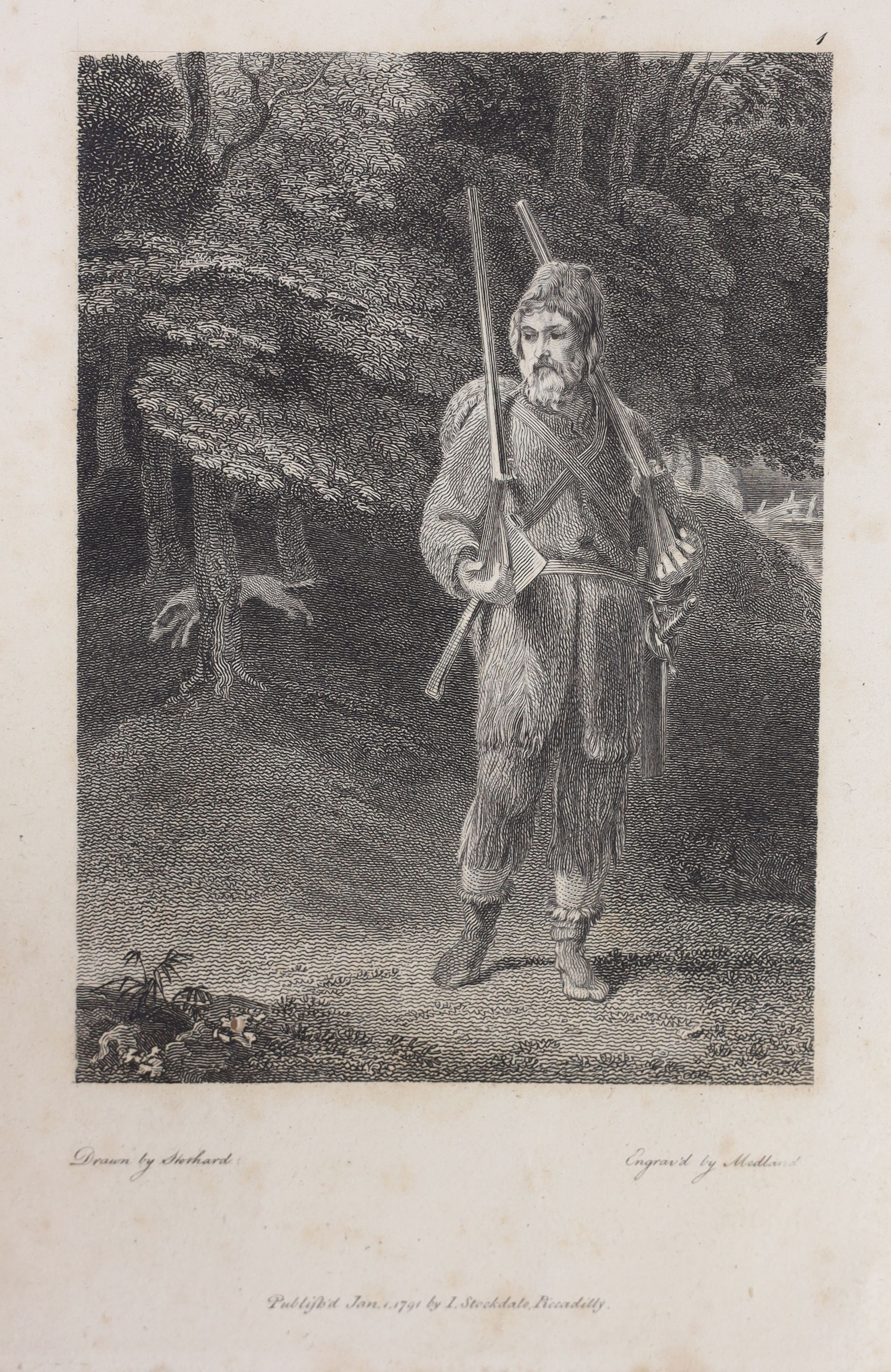 Defoe, Daniel - Robinson Crusoe, illustrated by Medland after Stothard, parts 1 & 2 only in 2 vols, 8vo, half calf, with 2 frontises, 2 engraved titles and 15 plates, occasional spotting throughout, London, 1804